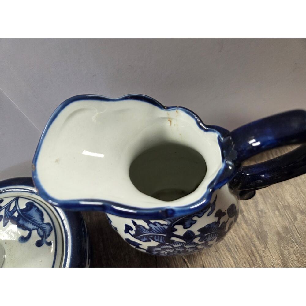 Vintage Bombay Company 6" Blue White Pitcher Ceramic Pottery + Bowl w/ Lid Set - Picture 3 of 12